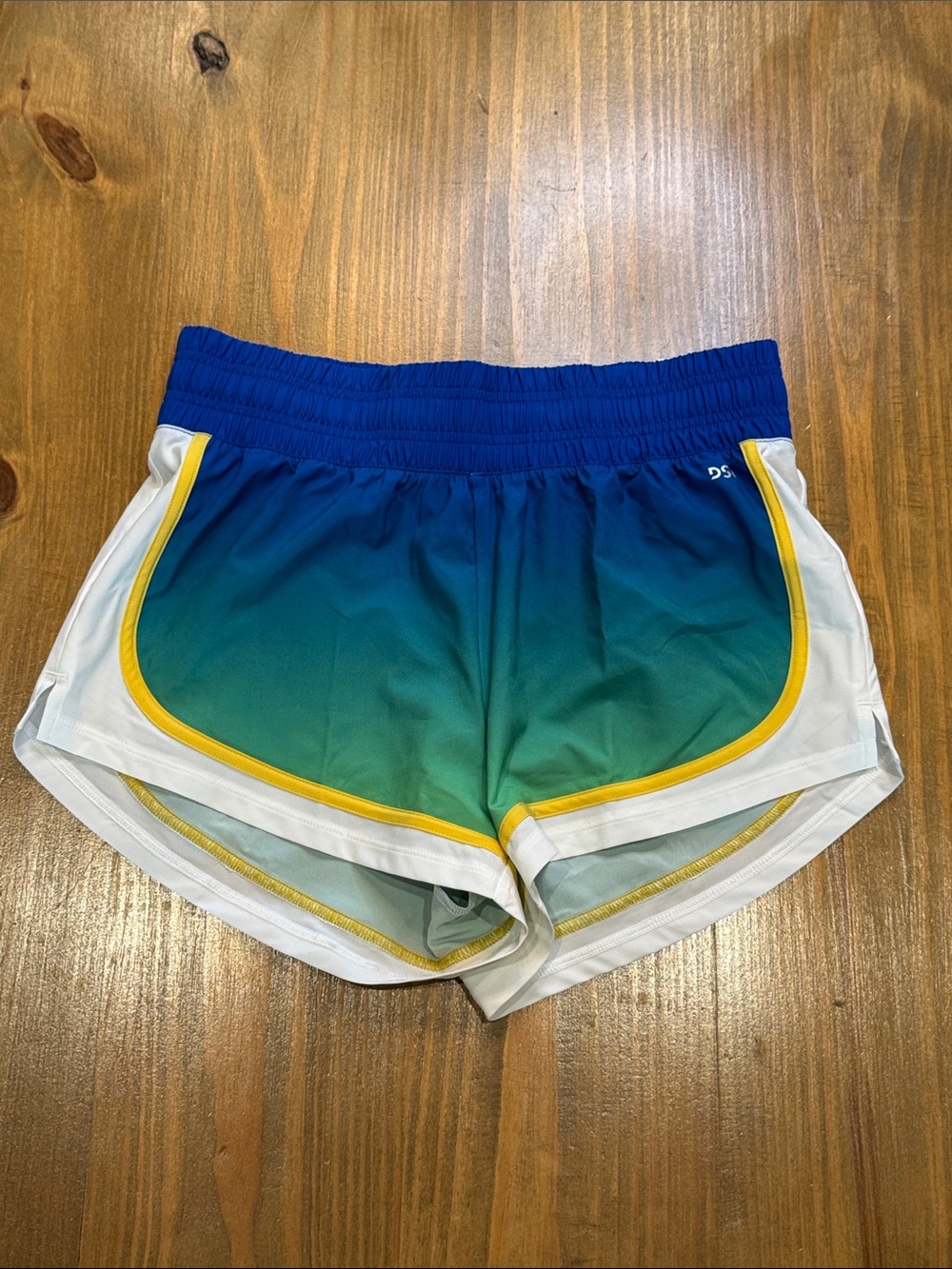 DSG Stride Blue-Green Gradient Athletic Shorts with White and Yellow Trim